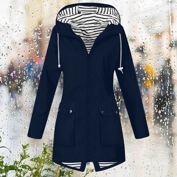 New trends for her GaThRRgYP Jackets for Women,Women Solid Color Rain Jacket Outdoor Hooded Windproof Loose with Pocket Coat Dark Blue XXL