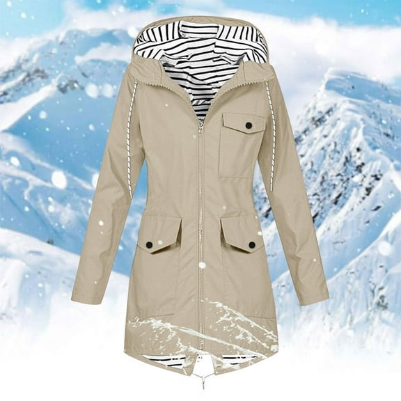 New trends for her GaThRRgYP Womens Jackets Lightweight,Women Solid Color Rain Jacket Outdoor Hooded Windproof Loose with Pocket Coat Khaki XXL