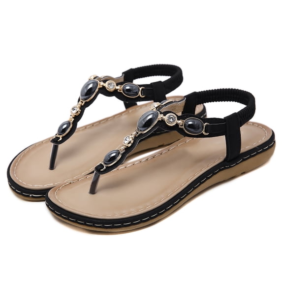 FAMITION Summer Braided Flats Sandals for Women Casual Bohemian Beach Elastic T-Strap Thong Flip Flops Shoes