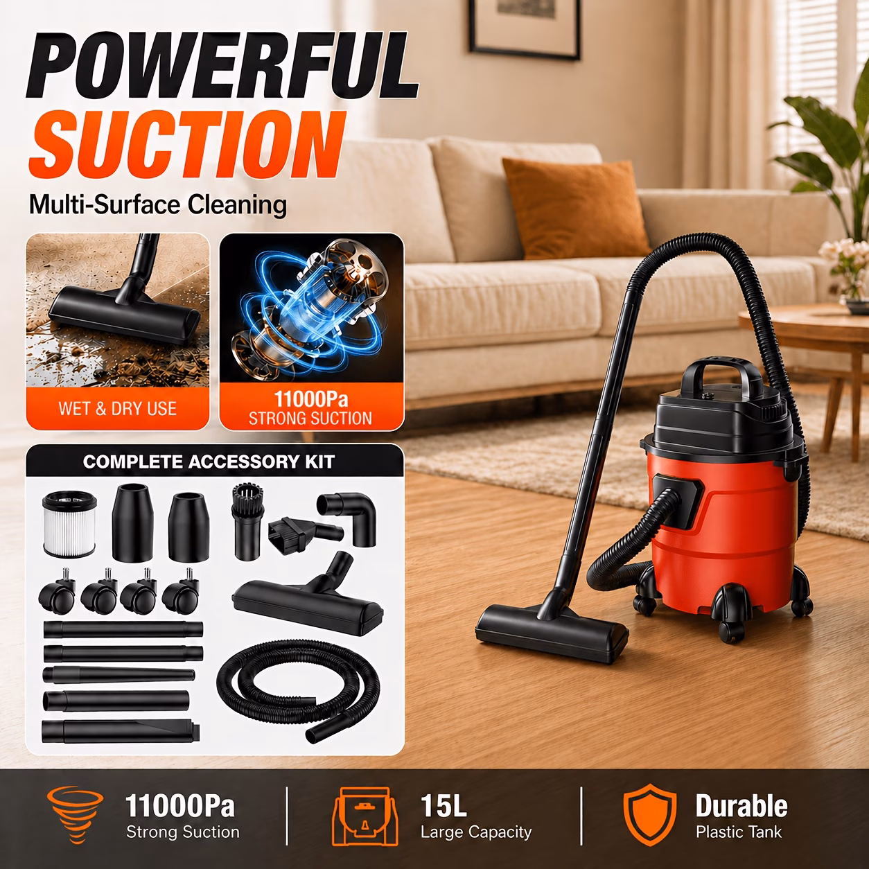 New wet and dry vacuum cleaner with powerful suction and a blower function, suitable for cleaning vehicles, homes, garages, and hard floors