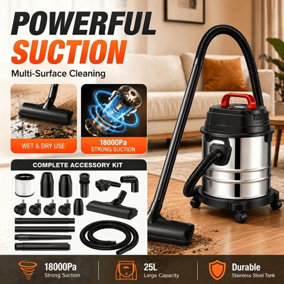 New wet and dry vacuum cleaner with powerful suction and a blower function, suitable for cleaning vehicles, homes, garages, and hard floors