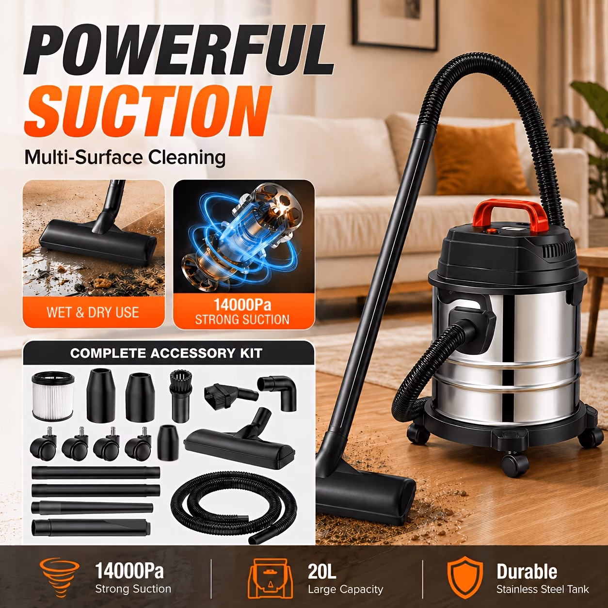 New wet and dry vacuum cleaner with powerful suction and a blower function, suitable for cleaning vehicles, homes, garages, and hard floors