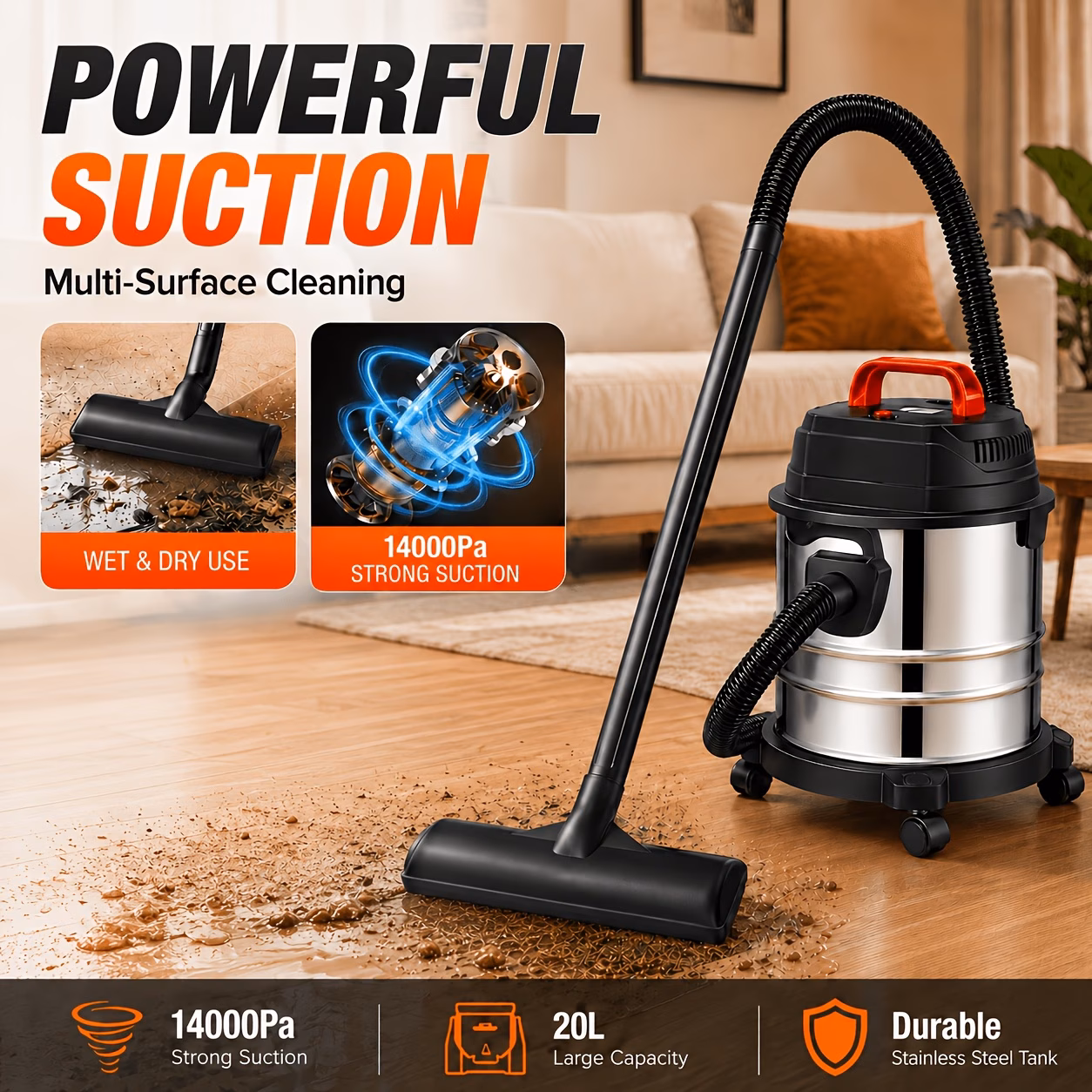 New wet and dry vacuum cleaner with powerful suction and a blower function, suitable for cleaning vehicles, homes, garages, and hard floors