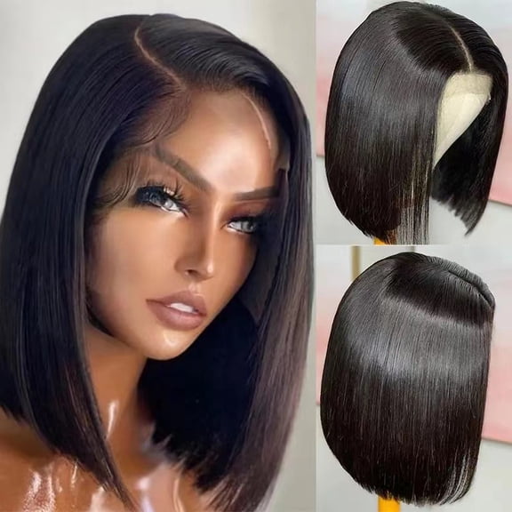New wig short straight hair middle parted black bob hood front lace short straight hair