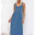 thumbnail image 1 of New women's blue ripped denim overalls, single-breasted midi dress, 1 of 5