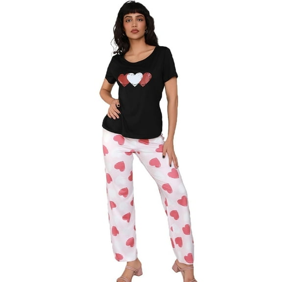 New women's heart-shaped print round-neck short-sleeved long pants home wear set