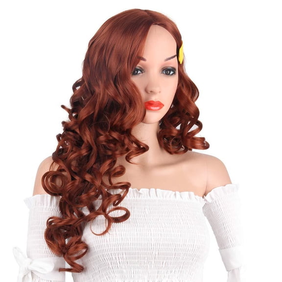 New women's long curly wig orange-red middle-parted large waves simulated scalp high-temperature silk lazy style hairstyle