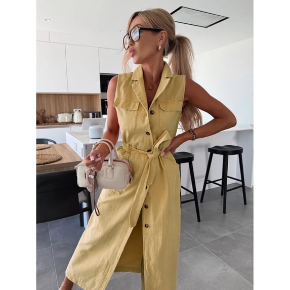 New women's sleeveless long tie-waist single-breasted denim dress