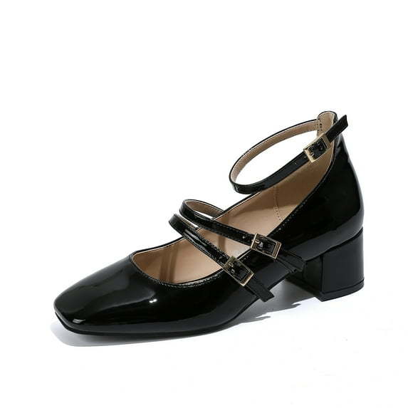 New women's square head chunky heel fashion light cut Mary Jane shoes elegant black 4.7cm heels