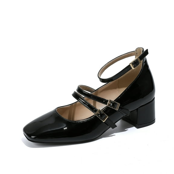 New women's square head chunky heel fashion light cut Mary Jane shoes elegant black 4.7cm heels