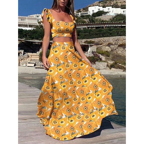 New women's two-piece suit fashion print sexy big swing skirt suit