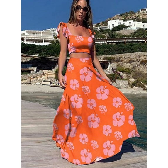 New women's two-piece suit fashion print sexy big swing skirt suit