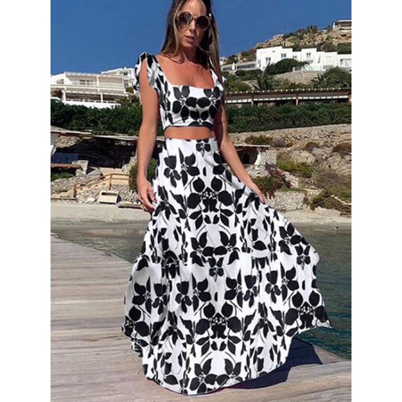 New women's two-piece suit fashion print sexy big swing skirt suit