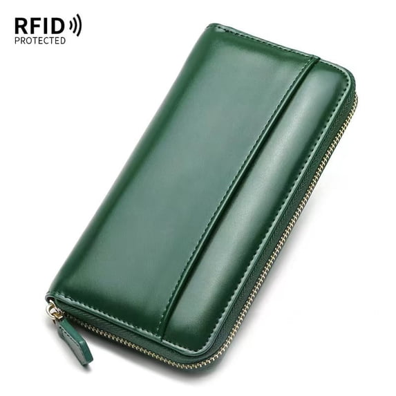 New women's wallet, cowhide long anti-degaussing zipper coin purse, men's clutch,SKU01035-墨绿【棕色内阁】