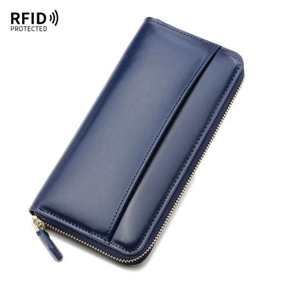 New women's wallet, cowhide long anti-degaussing zipper coin purse, men's clutch,SKU01035-蓝色【蓝色内阁】