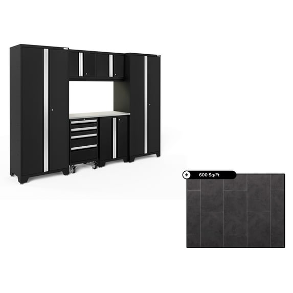 NewAge Products Bold Series Black 7 Piece Cabinet Set, Heavy Duty 24-Gauge Steel Garage Storage System, Includes 600 Sq.Ft Flooring Luxury Vinyl Tile Bundle in Slate