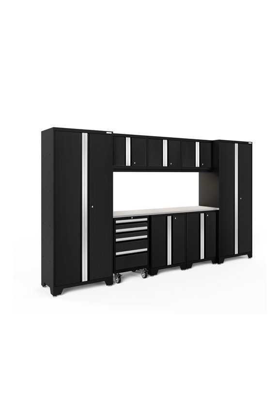 NewAge Products Bold Series Black 9 Piece Cabinet Set, Heavy Duty 24-Gauge Steel Garage Storage System, LED Lights Included