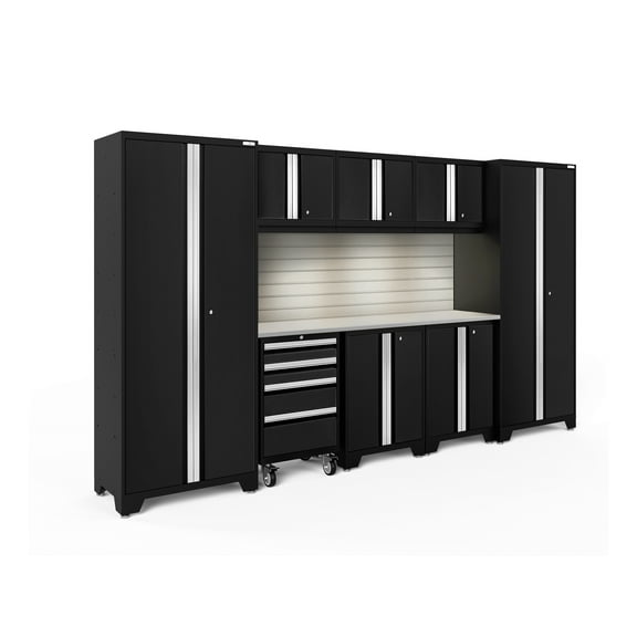 NewAge Products Bold Series Black 9 Piece Cabinet Set, Heavy Duty 24-Gauge Steel Garage Storage System, Slatwall / LED Lights Included