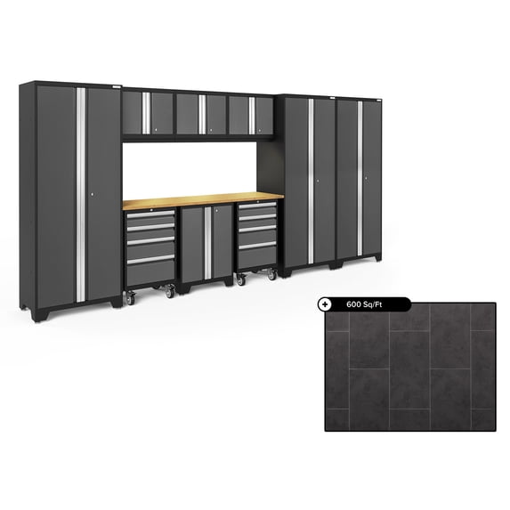 NewAge Products Bold Series Gray 10 Piece Cabinet Set, Heavy Duty 24-Gauge Steel Garage Storage System, Includes 600 Sq.Ft Flooring Luxury Vinyl Tile Bundle in Slate