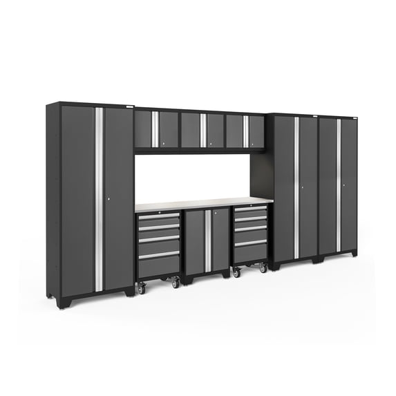 NewAge Products Bold Series Gray 10 Piece Cabinet Set, Heavy Duty 24-Gauge Steel Garage Storage System, LED Lights Included