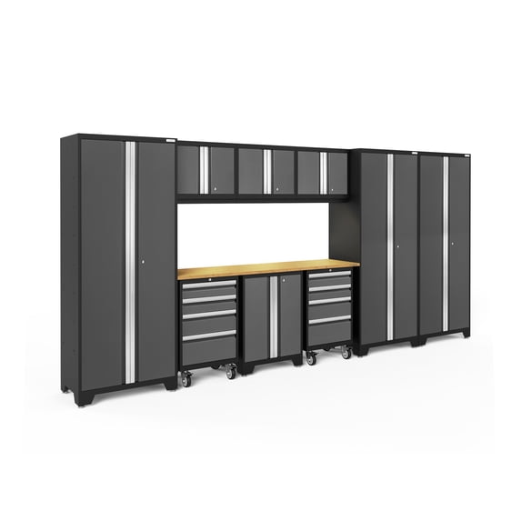 NewAge Products Bold Series Gray 10 Piece Cabinet Set, Heavy Duty 24-Gauge Steel Garage Storage System, LED Lights Included