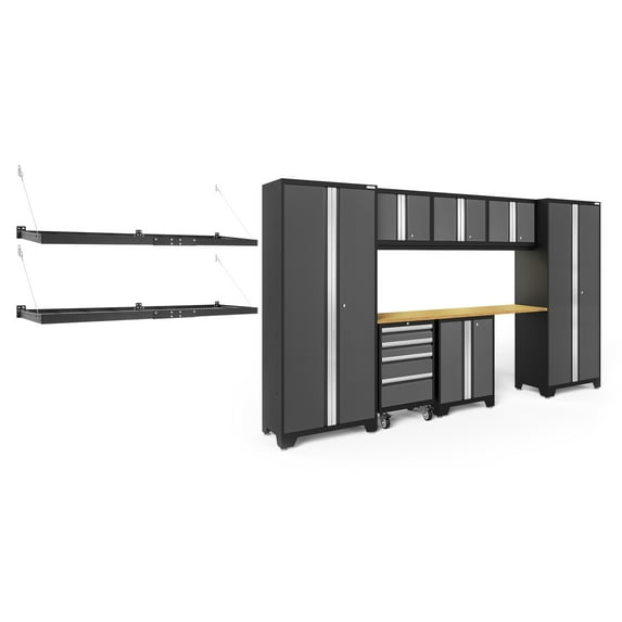 NewAge Products Bold Series Gray 10 Piece Cabinet Set, Heavy Duty 24-Gauge Steel Garage Storage System, LED Lights / Wall Mounted Shelf Included