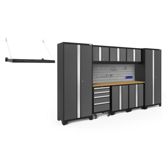 NewAge Products Bold Series Gray 10 Piece Cabinet Set, Heavy Duty 24-Gauge Steel Garage Storage System, Slatwall / Hook Kit / Pro Wall Mounted Shelf Included
