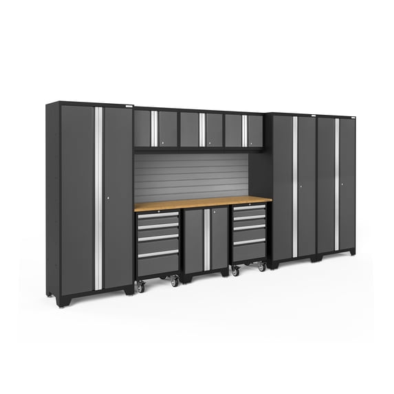 NewAge Products Bold Series Gray 10 Piece Cabinet Set, Heavy Duty 24-Gauge Steel Garage Storage System, Slatwall Included