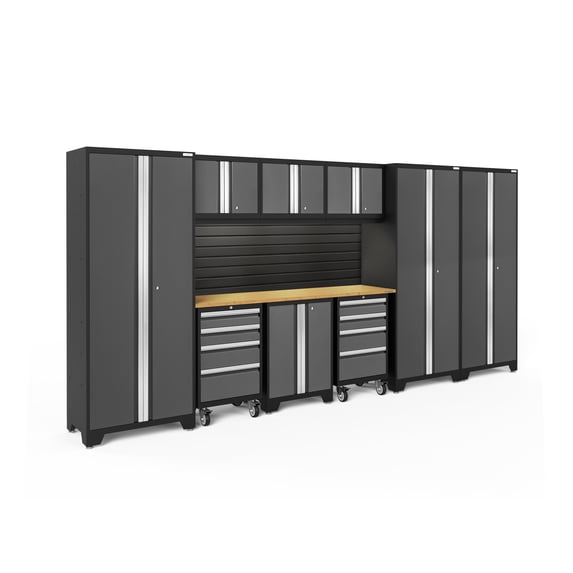 NewAge Products Bold Series Gray 10 Piece Cabinet Set, Heavy Duty 24-Gauge Steel Garage Storage System, Slatwall / LED Lights Included