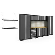NewAge Products Bold Series Gray 11 Piece Cabinet Set, Heavy Duty 24-Gauge Steel Garage Storage System, LED Lights / Slatwall / Wall Mounted Shelf Included