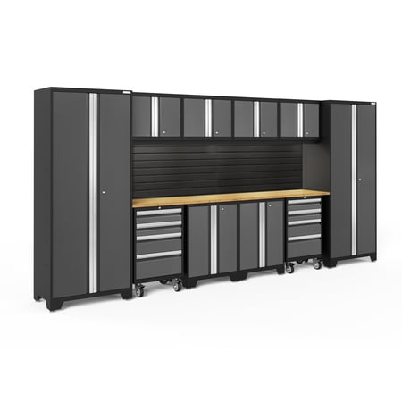 NewAge Products Bold Series Gray 12 Piece Cabinet Set, Heavy Duty 24-Gauge Steel Garage Storage System, Slatwall / LED Lights Included