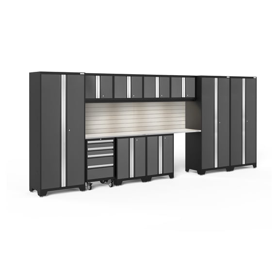 NewAge Products Bold Series Gray 12 Piece Cabinet Set, Heavy Duty 24-Gauge Steel Garage Storage System, Slatwall / LED Lights Included