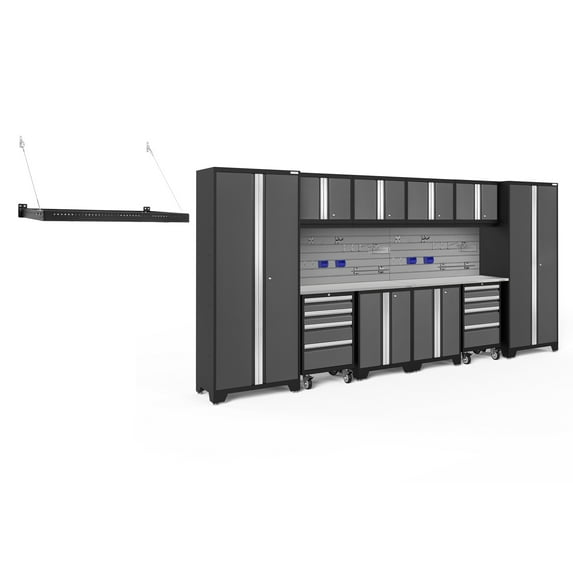 NewAge Products Bold Series Gray 13 Piece Cabinet Set, Heavy Duty 24-Gauge Steel Garage Storage System, Slatwall / Hook Kit / Pro Wall Mounted Shelf Included