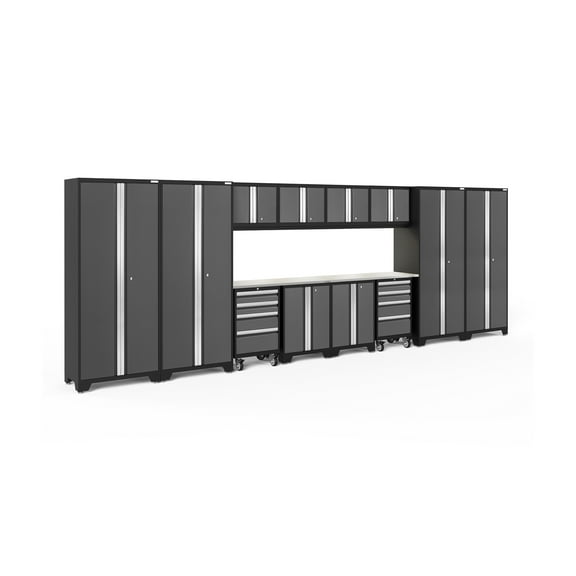 NewAge Products Bold Series Gray 14 Piece Cabinet Set, Heavy Duty 24-Gauge Steel Garage Storage System, LED Lights Included
