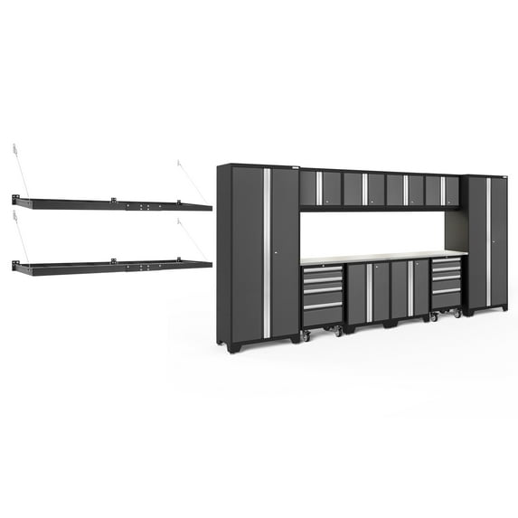 NewAge Products Bold Series Gray 14 Piece Cabinet Set, Heavy Duty 24-Gauge Steel Garage Storage System, LED Lights / Wall Mounted Shelf Included