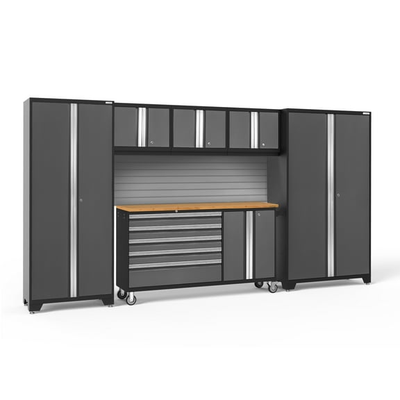 NewAge Products Bold Series Gray 6 Piece Cabinet Set, Heavy Duty 24-Gauge Steel Garage Storage System, Slatwall Included