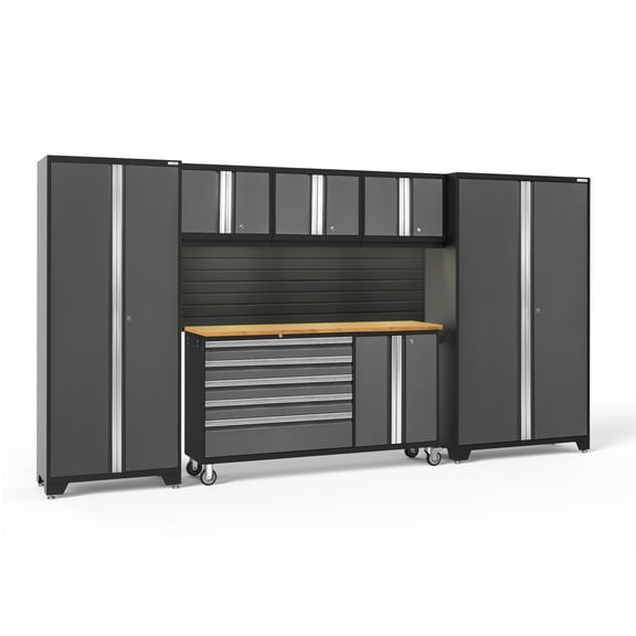 NewAge Products Bold Series Gray 6 Piece Cabinet Set, Heavy Duty 24-Gauge Steel Garage Storage System, Slatwall / LED Lights Included