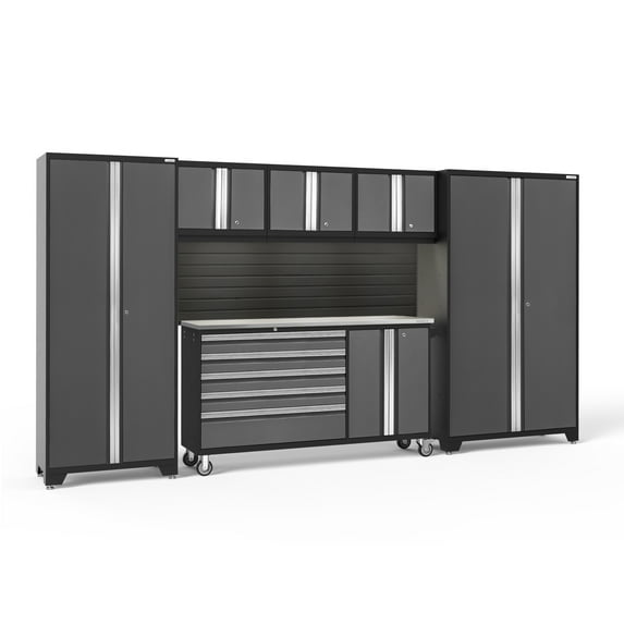 NewAge Products Bold Series Gray 6 Piece Cabinet Set, Heavy Duty 24-Gauge Steel Garage Storage System, Slatwall / LED Lights Included