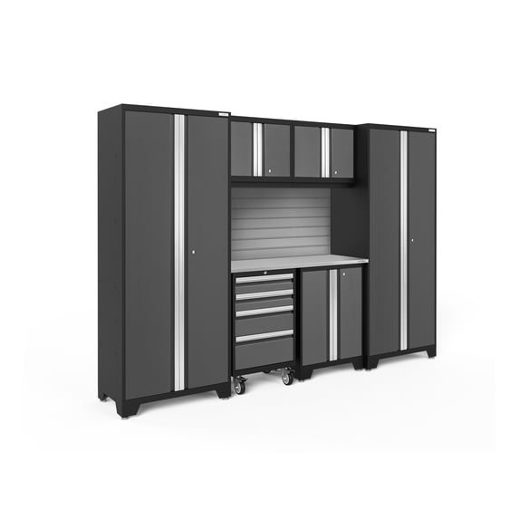 NewAge Products Bold Series Gray 7 Piece Cabinet Set, Heavy Duty 24-Gauge Steel Garage Storage System, Slatwall Included