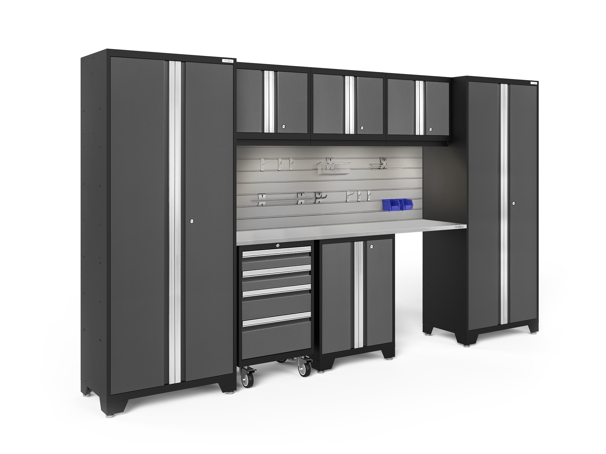 NewAge Bold Series 8-Piece Garage Cabinet Set – 30" Locker, Wall Cabinet, RTA Workbench & Stainless Steel Worktop, 24-Gauge Steel, 180" W X 72" H