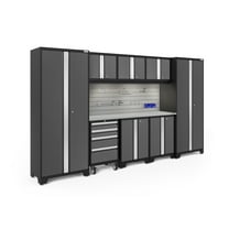 NewAge Products Bold Series Gray 9 Piece Cabinet Set, Heavy Duty 24-Gauge Steel Garage Storage System, Includes LED Lights / Slatwall / Hook Kit