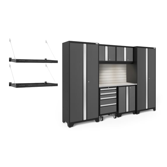 NewAge Products Bold Series Gray 9 Piece Cabinet Set, Heavy Duty 24-Gauge Steel Garage Storage System, LED Lights / Slatwall / Wall Mounted Shelf Included
