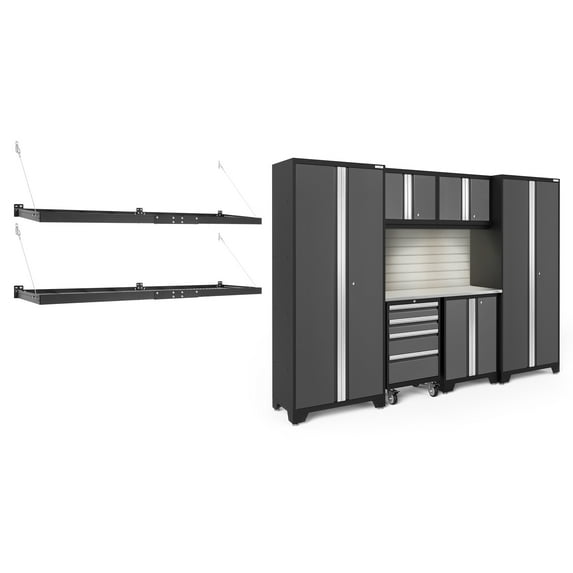 NewAge Products Bold Series Gray 9 Piece Cabinet Set, Heavy Duty 24-Gauge Steel Garage Storage System, LED Lights / Slatwall / Wall Mounted Shelf Included