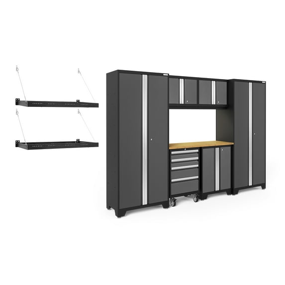 NewAge Products Bold Series Gray 9 Piece Cabinet Set, Heavy Duty 24-Gauge Steel Garage Storage System, LED Lights / Wall Mounted Shelf Included