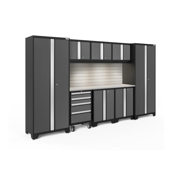 NewAge Products Bold Series Gray 9 Piece Cabinet Set, Heavy Duty 24-Gauge Steel Garage Storage System, Slatwall / LED Lights Included