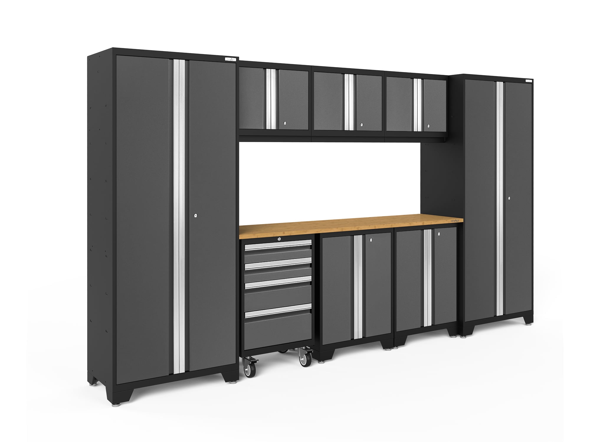 Gray Lockable Steel Cabinet with Bamboo Worktop and Adjustable Shelving