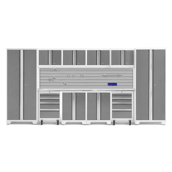 NewAge Products Bold Series Platinum 12 Piece Cabinet Set, Heavy Duty 24-Gauge Steel Garage Storage System, Slatwall and Hook Kit Included