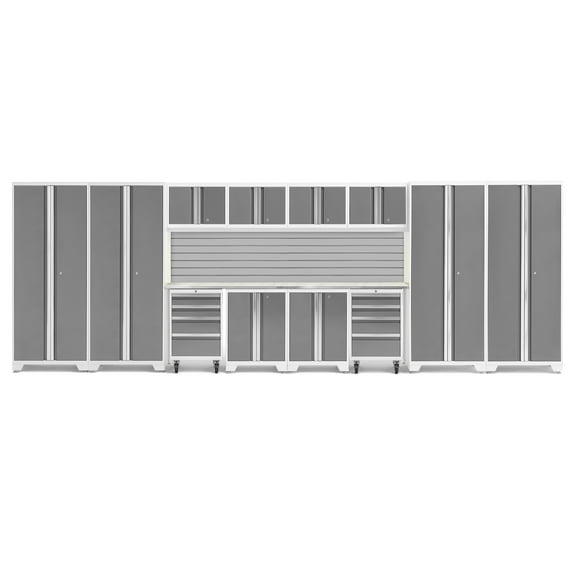 NewAge Products Bold Series Platinum 14 Piece Cabinet Set, Heavy Duty 24-Gauge Steel Garage Storage System, Slatwall Included