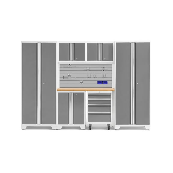 NewAge Products Bold Series Platinum 7 Piece Cabinet Set, Heavy Duty 24-Gauge Steel Garage Storage System, Slatwall and Hook Kit Included