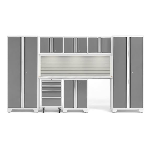 NewAge Products Bold Series Platinum 8 Piece Cabinet Set, Heavy Duty 24-Gauge Steel Garage Storage System, Slatwall / LED Lights Included
